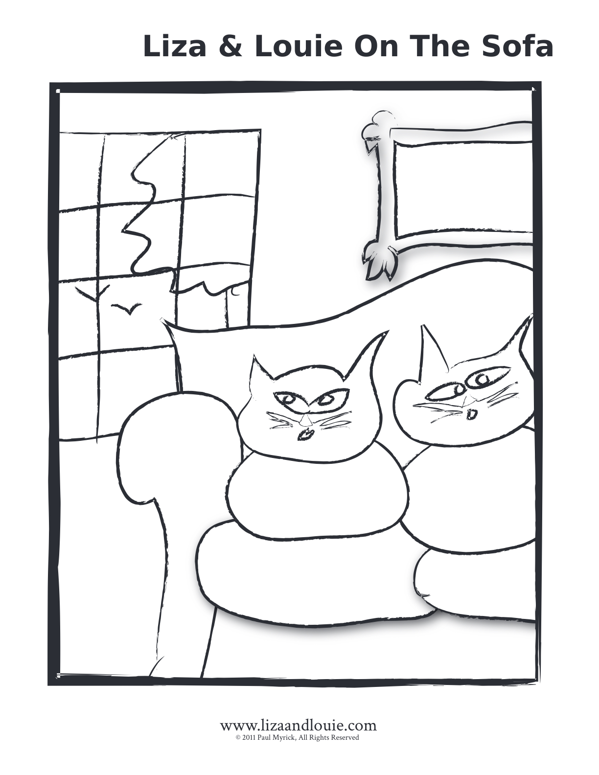 Liza & Louie on the sofa coloring page. Black and white drawing of two cats sitting on a sofa while looking out a window.