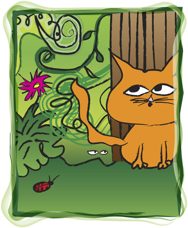An illustration of Liza the cat in a lush yard surrounded by bugs, flora and fauna.