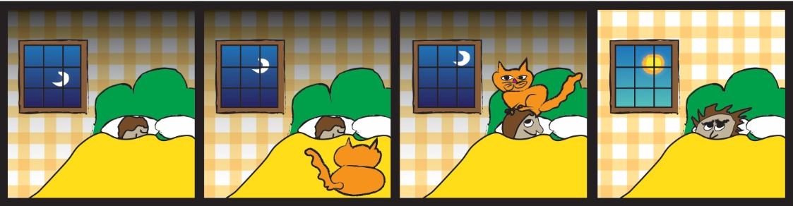 Four-panel comic. Panel 1: night, and a man sleeps under a yellow blanket as a crescent moon shines in the window. Panel 2: Liza, the orange cat, hops onto the foot of the bed. Panel 3: Liza stands on the sleeping man’s head. Panel 4: morning sun in the window, and the man lies awake with his hair sticking straight out in every direction.