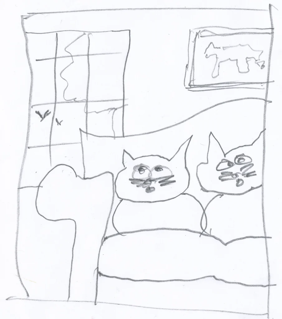 sketch liza and louie page 01 Liza and Louie on the sofa pencil sketch