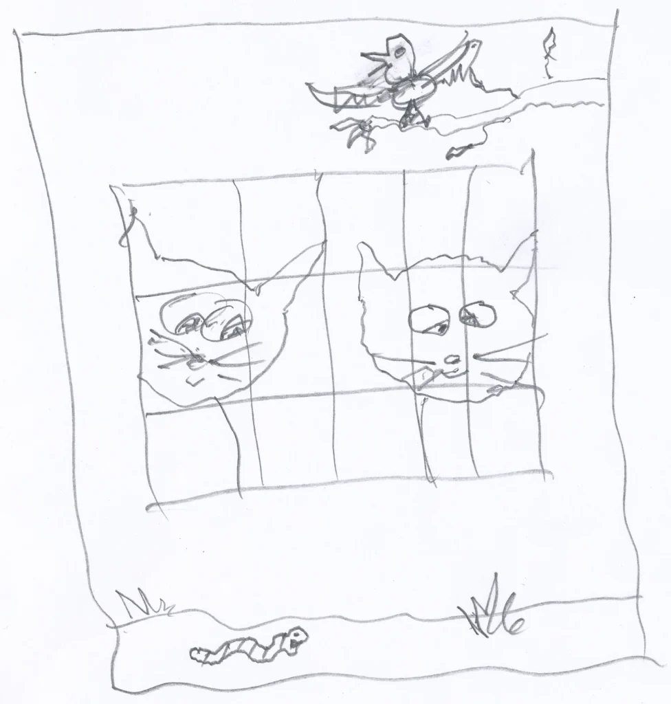 sketch liza and louie page 02 pencil sketch of Liza and Louie peeking through the window