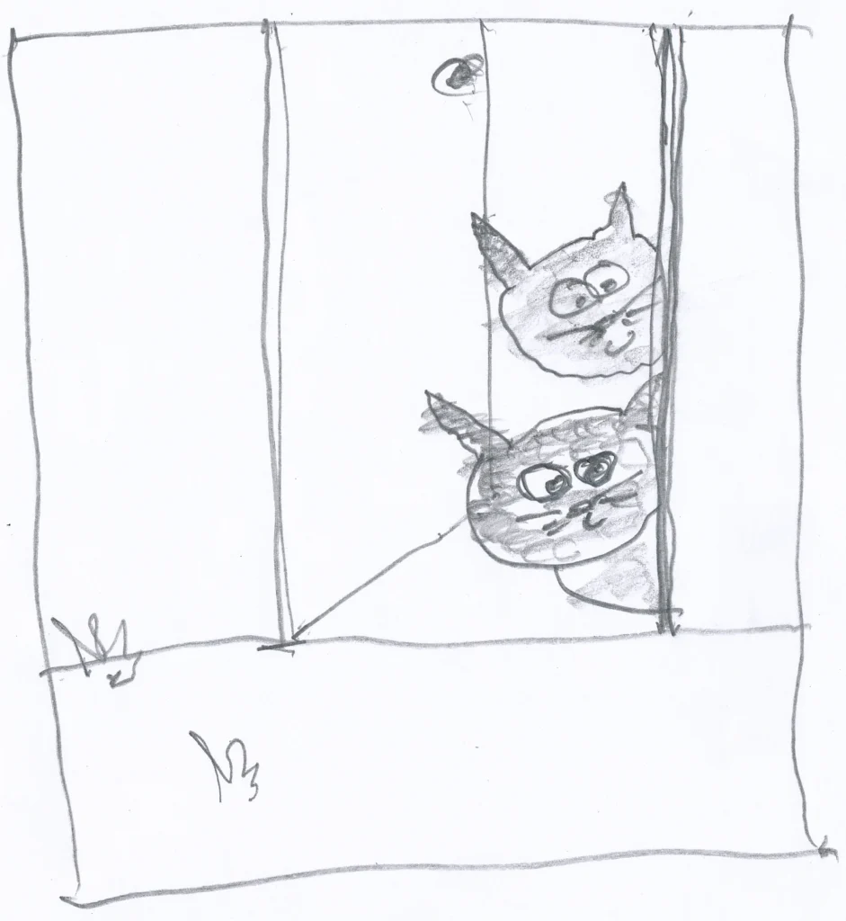 sketch liza and louie cover drawing 01 Cats peeking around the door pencil sketch