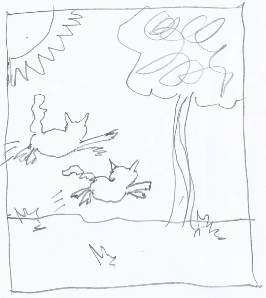 sketch liza and louie page 03 pencil sketch of Liza and Louie leaping out into the yard